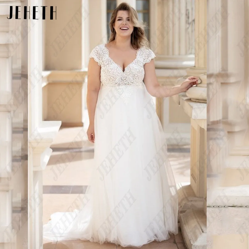 JEHETH Wedding Dresses Boho Style V-Neck Cap Sleeves Backless Bride Gowns Plus Size A-Line Applique Tulle vestidos de novia