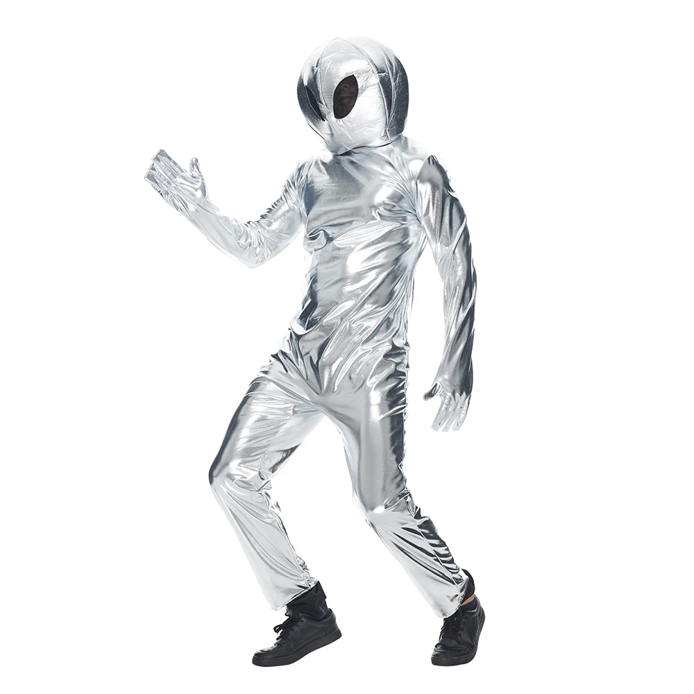 Adult Alien Costume Unisex Halloween Extraterrestrial Space Metallic Bodysuit with Hat Carnival Easter Purim Fancy Dress