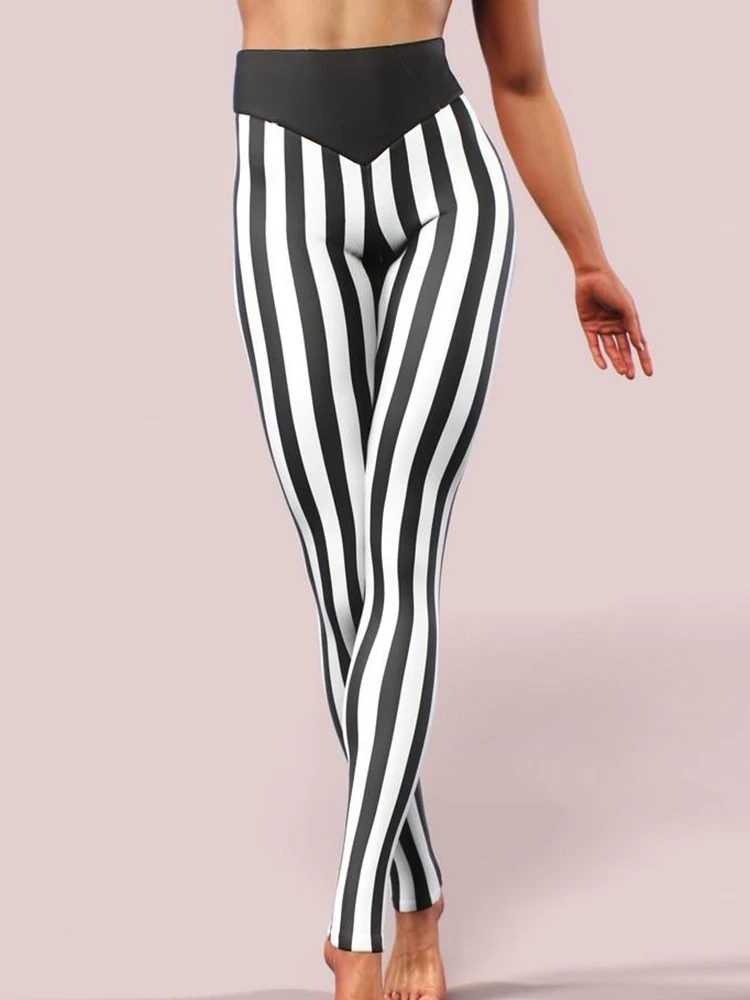 Black White Striped Printed Leggins Sexy Leggings Women Fashion High Waist Elastic Gym Fitness Jeggings Workout Pencil Pants