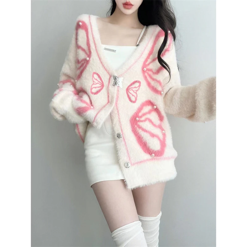 Winter Women Trendy Sweet Chic Kawaii Y2K Soft Single Breasted Knitted Cardigan Casual V Neck Long Sleeve Oversized Sweater Coat