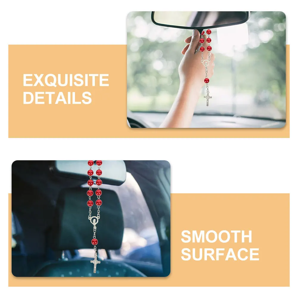 

2pcs Car Rosaries For Rearview Mirror Silver Catholic Beads Cross Pendant Auto Decor Hanging Accessories For Women Men