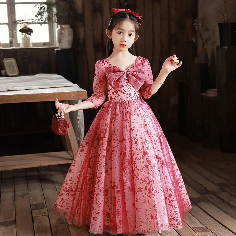 Nuevo vestido de niña, vestido de princesa rojo de invierno, desfile de flores para niños, disfraz de actuación de piano