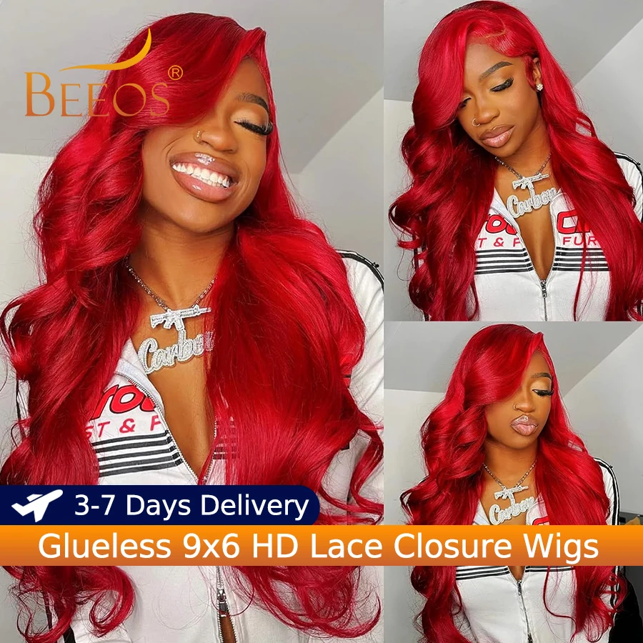 

Glueless Pre Cut 9x6 HD Transparent Lace Closure Wigs Hot Red Body Wave Wigs Human Hair Wear & Go Colored Virgin Hair For Women