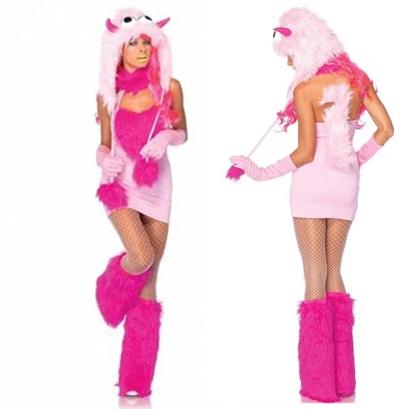 

Pink Puff Monster Costume for Women Sexy Plush Winter Hat Dress Leg Warmer Costume Set Halloween Party Dress Up Cosplay Costumes