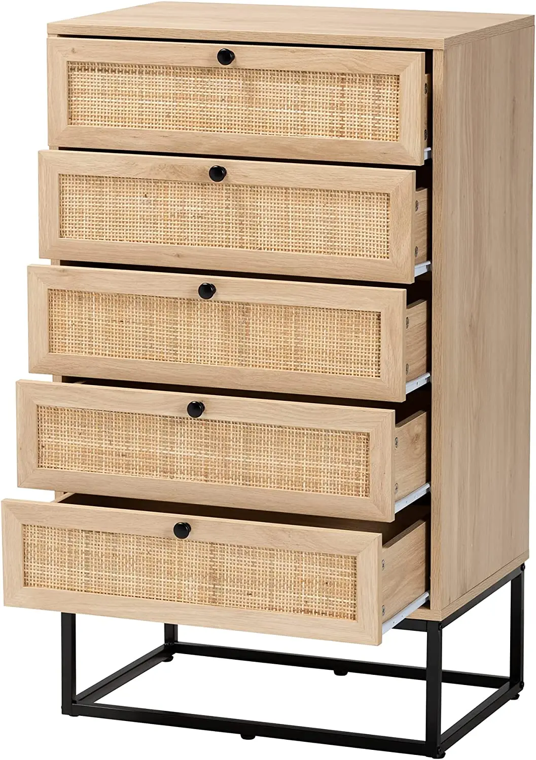 #￥Rattan Nightstand Studio Storage Cabinet, 5-Drawer, Natural Brown/Black Chest Drawer Furniture