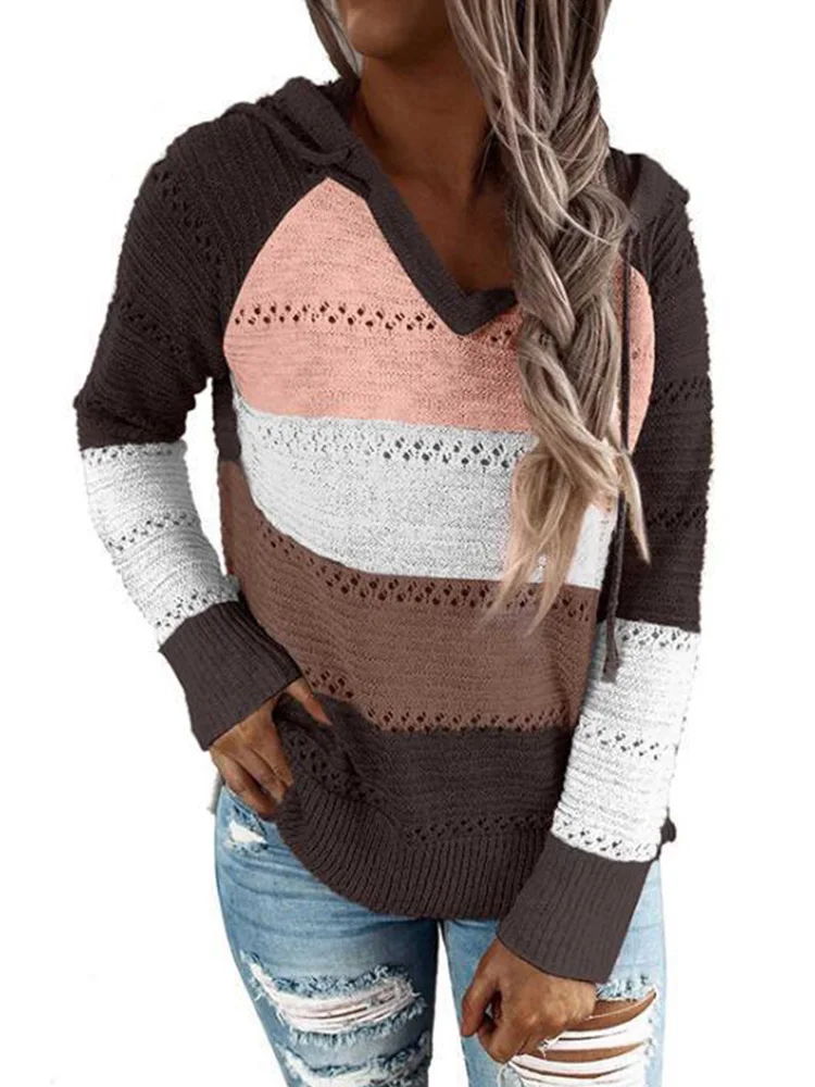 2024 New Hooded Women\'s  Sweater Fall Winter V-neck Pullover casual fashion striped sweaters Long Sleeve Tops