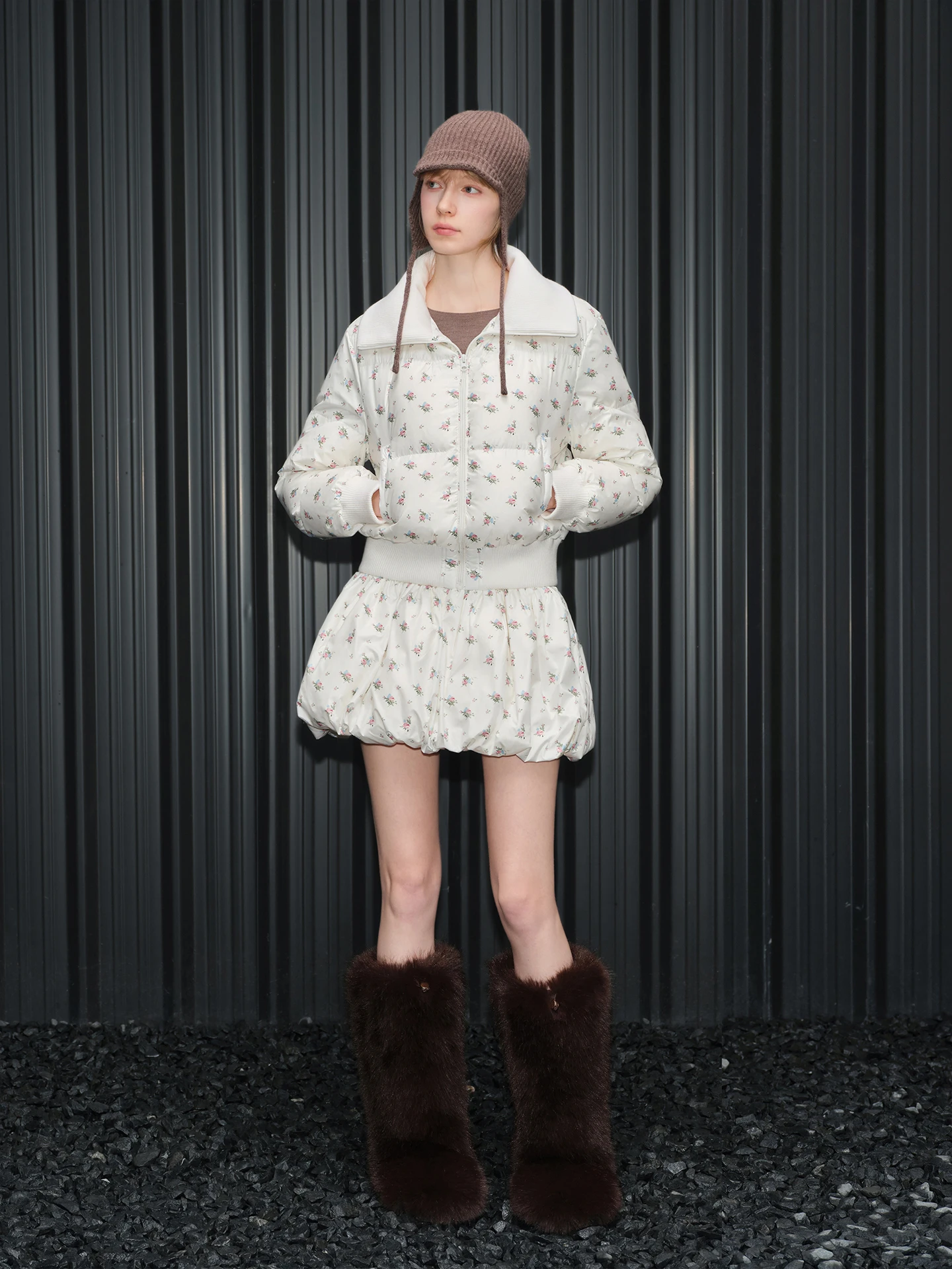 جاكيت نسائي شتوي جديد بطبعة زهور بيضاء، ياقة مصممة، أزياء الشارع الراقية، دافئ، أكمام طويلة، سحاب