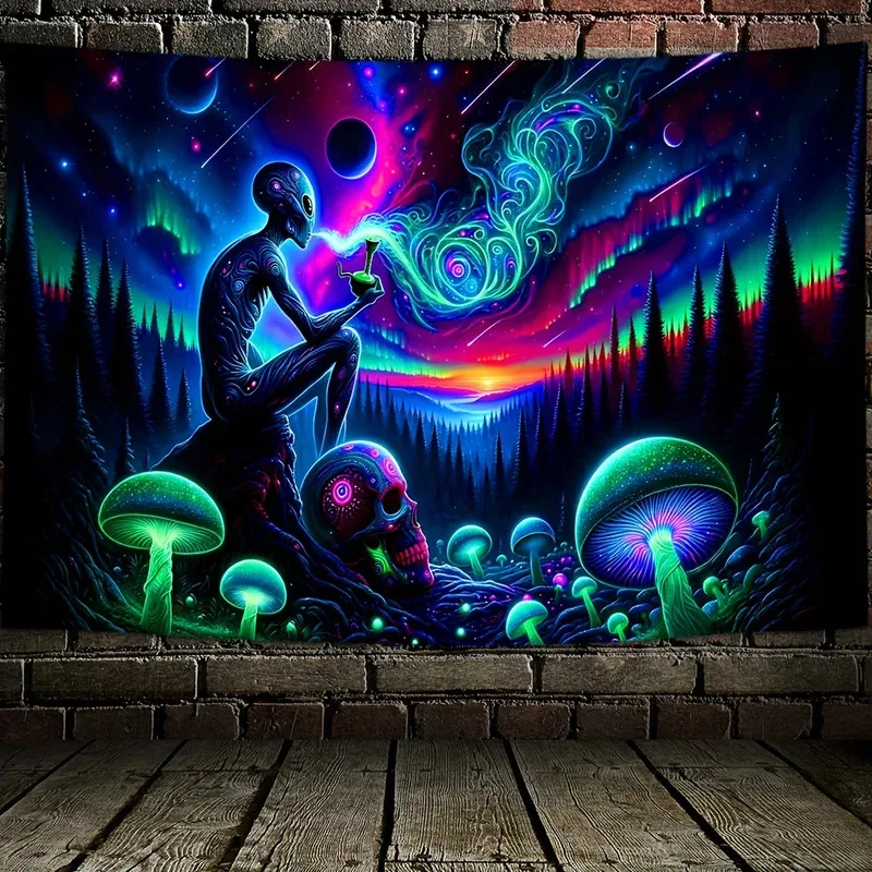 VIKAMA Psychedelic Alien Mushroom Tapestry Bohemian Starry Sky Energy Field Wall Hanging for Room Decor