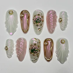 10Pcs Handmade Manicure Medium Shell Almond Fake Nails New 3D Limited Nails Press On Nails Design with Adhesive Nail File Set