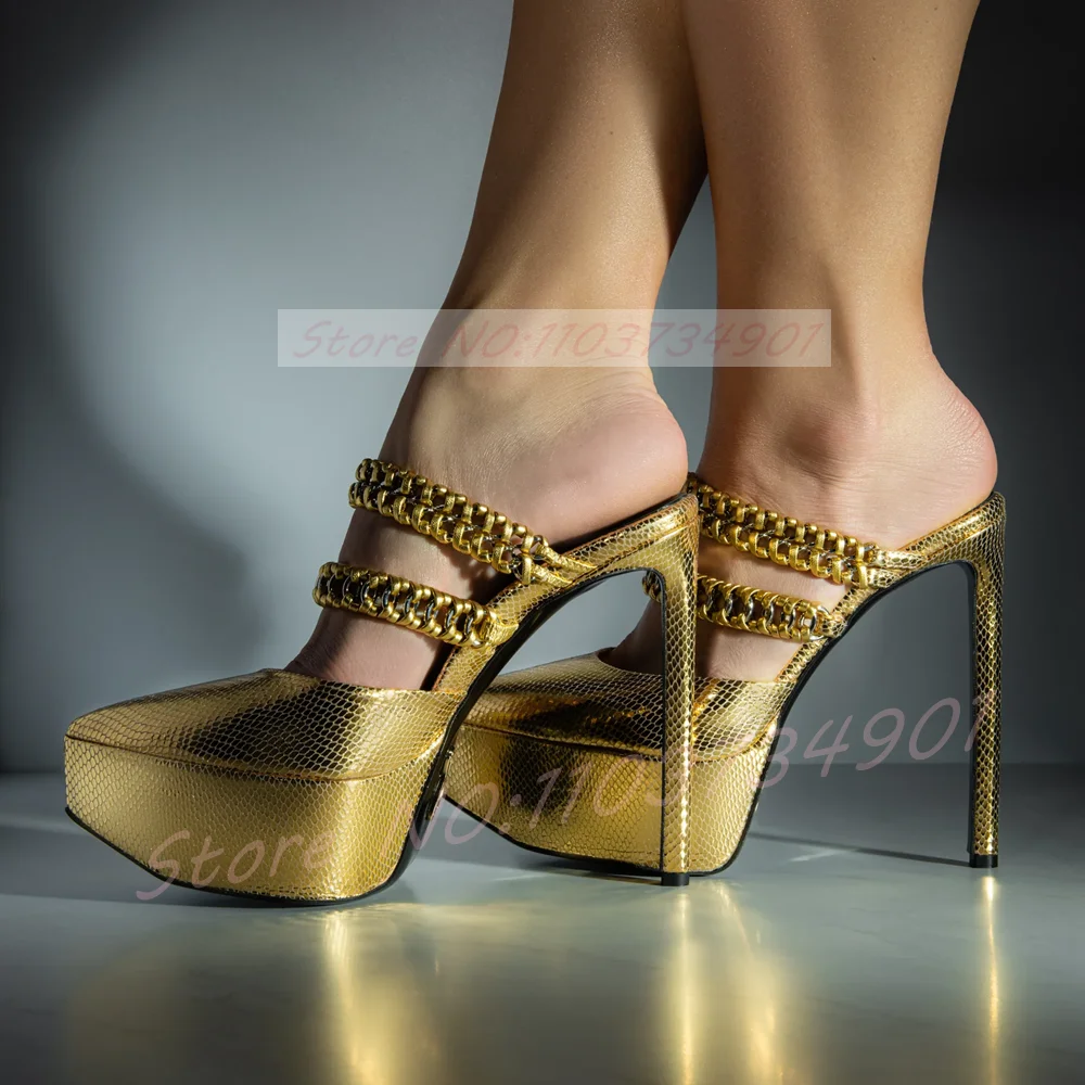 Metallic Snake Pointed Toe Platform Heeled Mules Women Gold Chain Strap Stiletto Heels Sandals Lady Sexy Party Front Strap Shoes