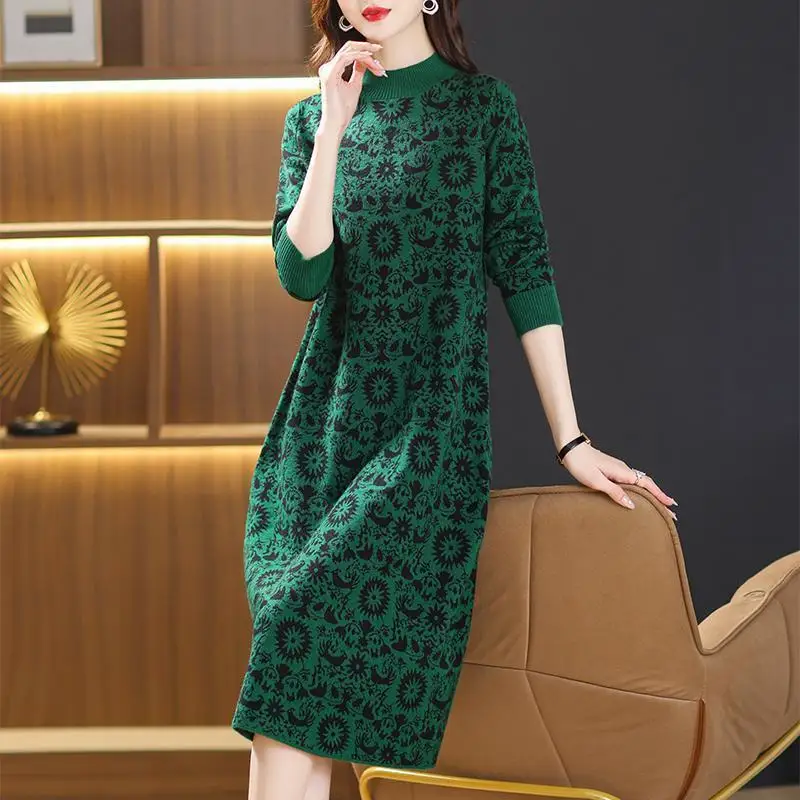 2024 ผู้หญิงฤดูใบไม้ร่วงถักชุดเสื้อกันหนาวยาวVINTAGE Jacquardครึ่งคอPulloverหลวมหญิงVestidos Ladyชุด