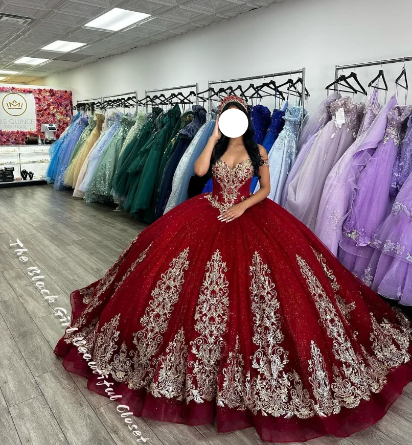 Gaun pesta ulang tahun sarung bahu kartu elegan Tutu putri merah mewah gaun payet bordir halus 15 Quinceanera