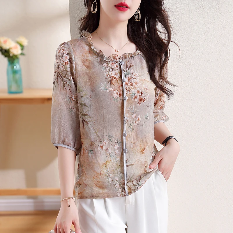 Spring Summer Women Blouse Korean Fashion Floral Printed Shirt Half Sleeve Casual Pullovers Tops