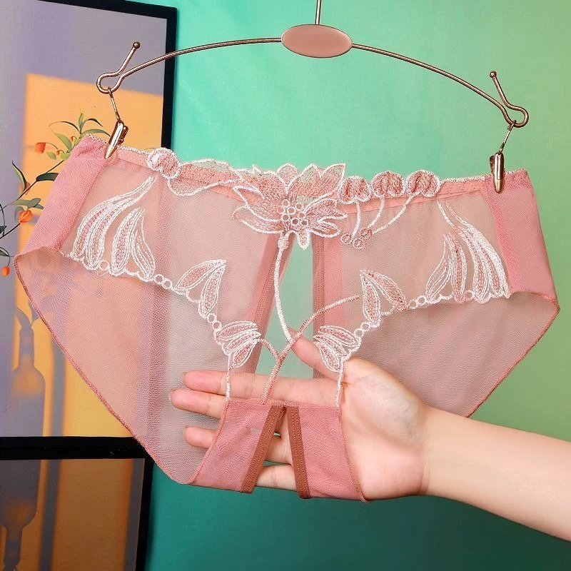 Womens Underwear Large Size Sexy Mesh Floral Embroidered Briefs Open Crotch Low Waist Underpants Transparent Panties Lingerie