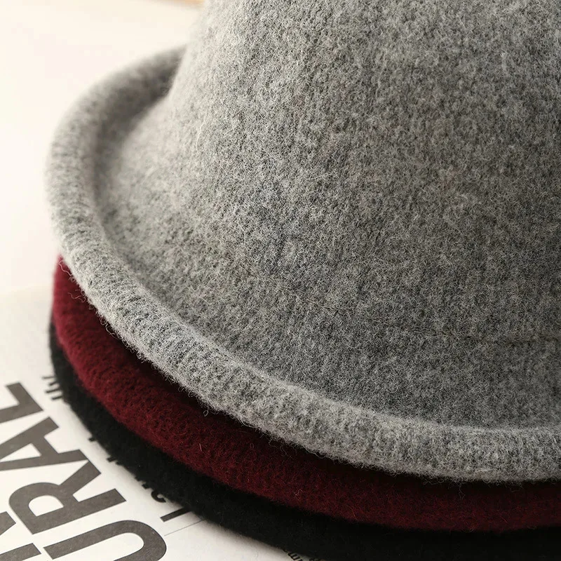Women Hat Winter Wool Knitted Fedora Small Topper Hat Casual Ladies Solid Color British Top Hat Rolled Brim Official Website