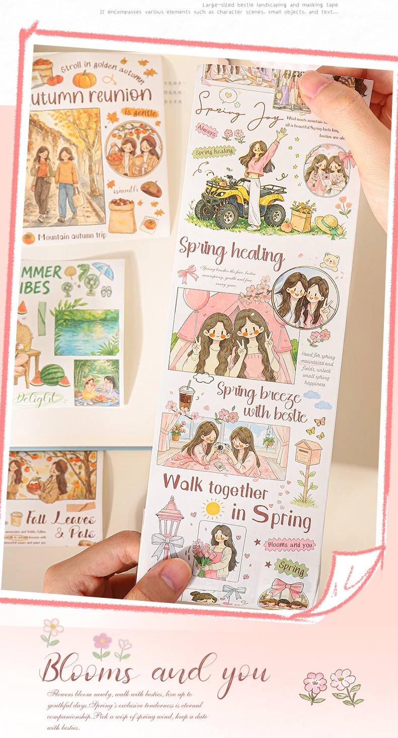 Journal GO 8cmx2m Washi Tape Sticker Set – Cute Friends Objects & Words Decals for Journaling Scrapbooking and DIY Card Crafts