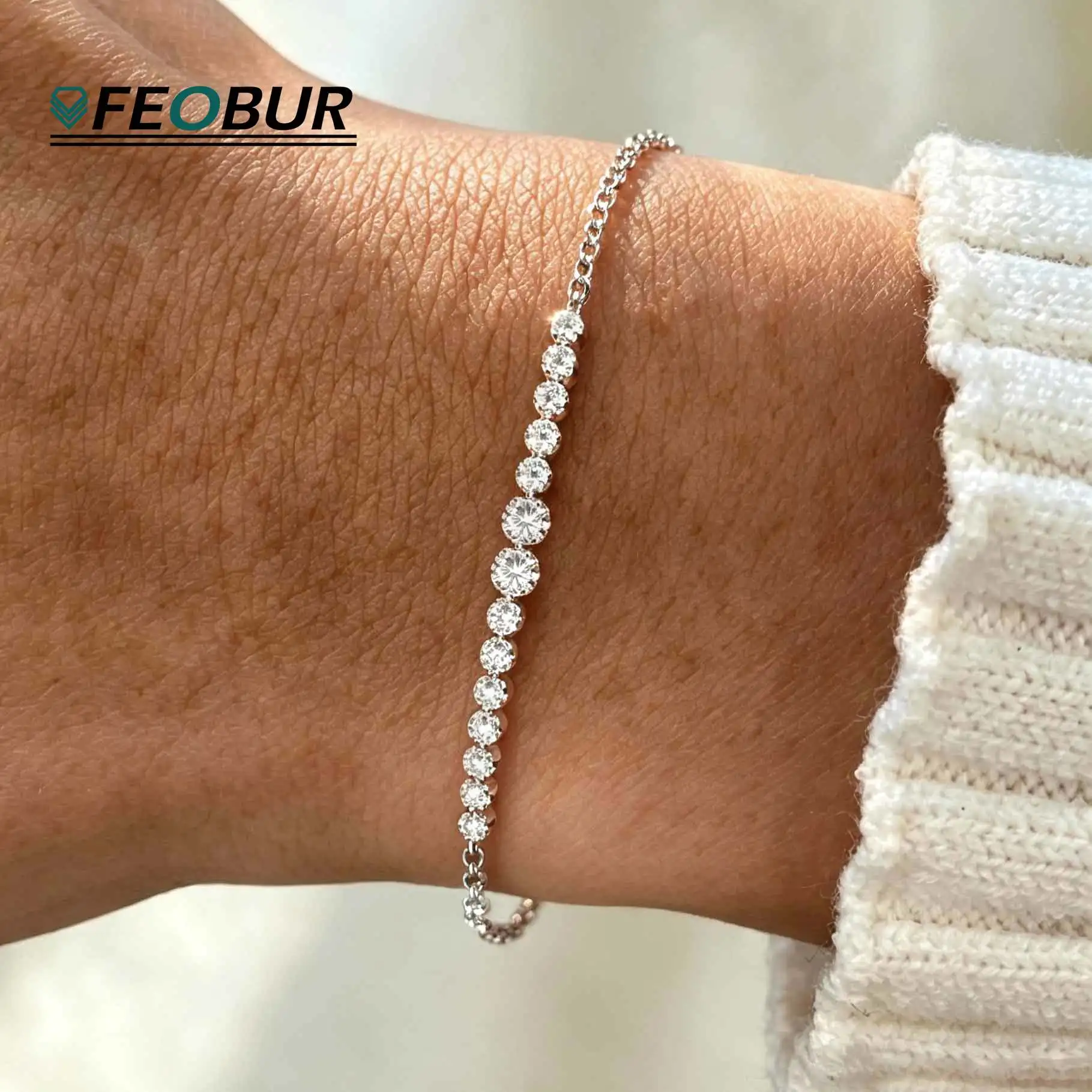 FEOBUR 1.5MM 2MM Full Moissanite Bracelet for Women 925 Sterling Silver Smile Lab Diamond Adjustable Chain Wedding Jewelry Gift