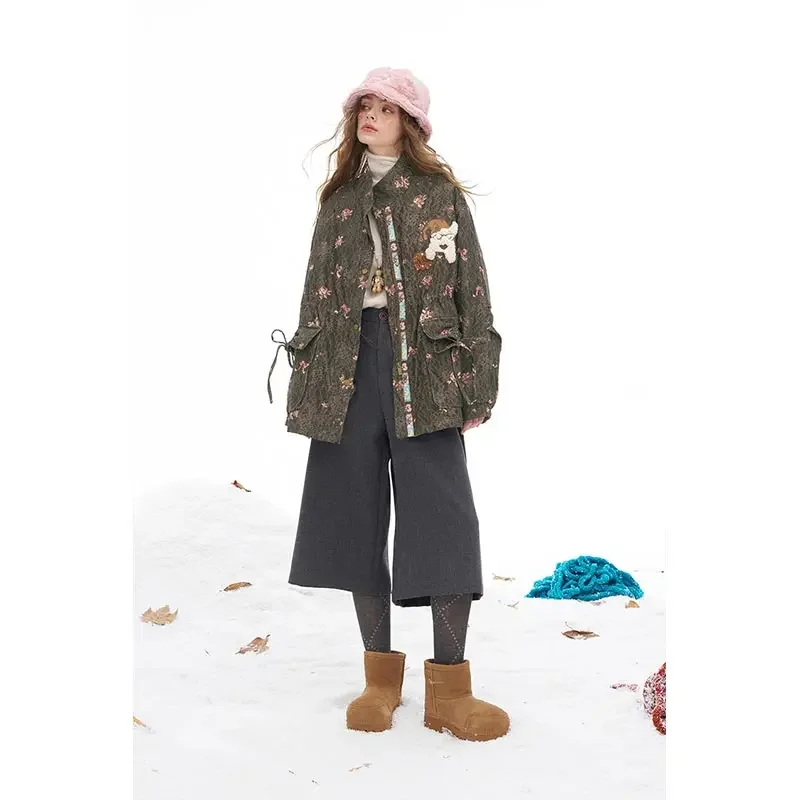 ELFSACK Y2K Casual Floral Graphic Dog Graphic Half Neck Coat For Women