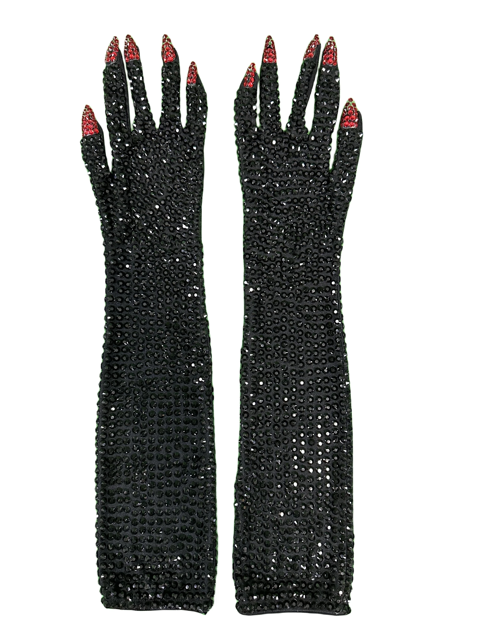 Black Full Rhinestone Stretch Adult Unisex Gloves Sparkly Luxury Accessories Nightclub DJ DS Gogo Stage Wear