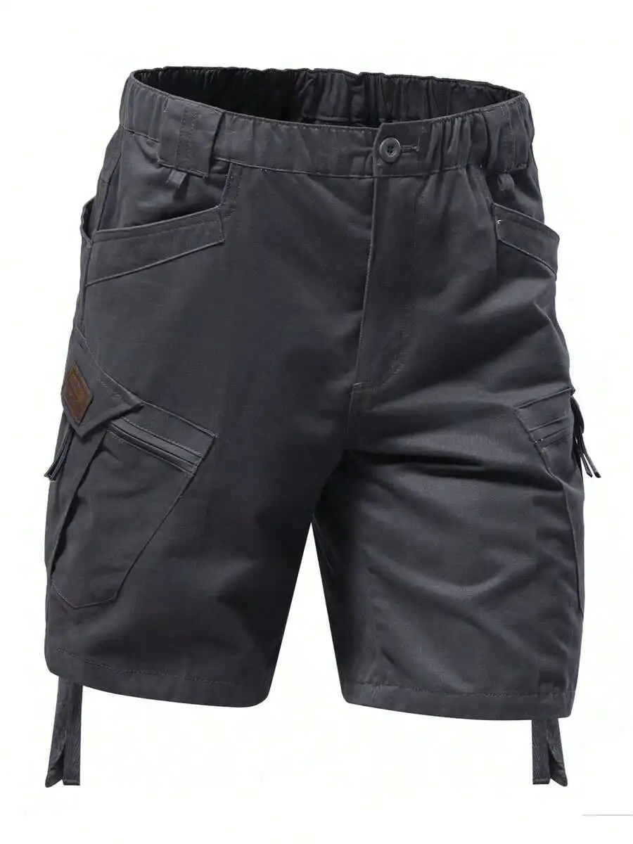 

Men’s Black Solid Cargo Shorts With Elastic Waistband, Multiple Pockets, Button Closure, For Outdoor Activities And Daily Wear