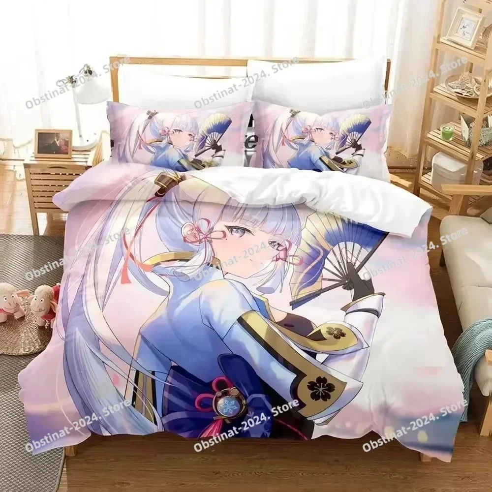 Game Genshin Impact Kamisato Ayaka Bedding Set Printed single Comforter Quilt Bed Cover Pillow Case 3 Pieces Set Kids Adult Size