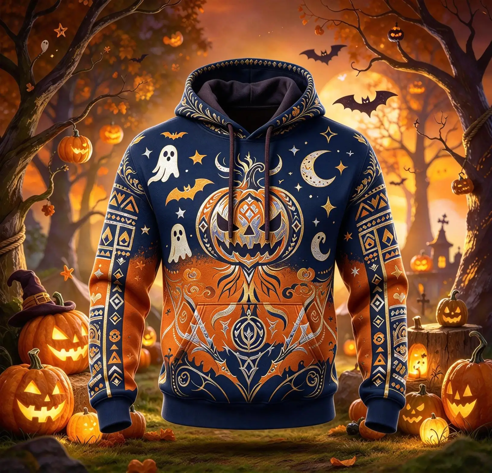 Halloween Retro Tribal Hoodie for Men, Pumpkin Ghost Bat Moon Full Print Pullover, Warm Fleece Lined Outerwear