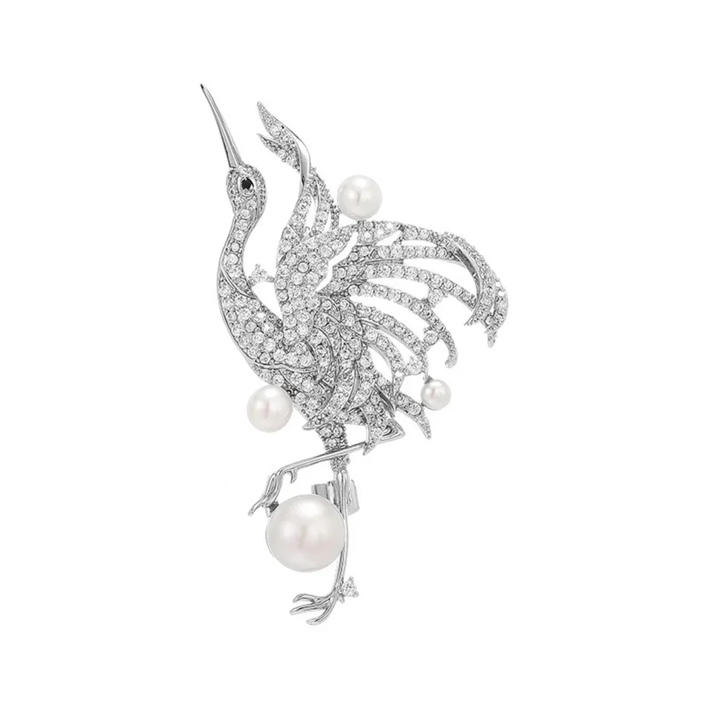 Luxury Cloud Crane Brooch for Men Women Elegant Full Rhinestone Freshwater Pearls Inlaid Jewelry Wedding Banquet Accessories Pin