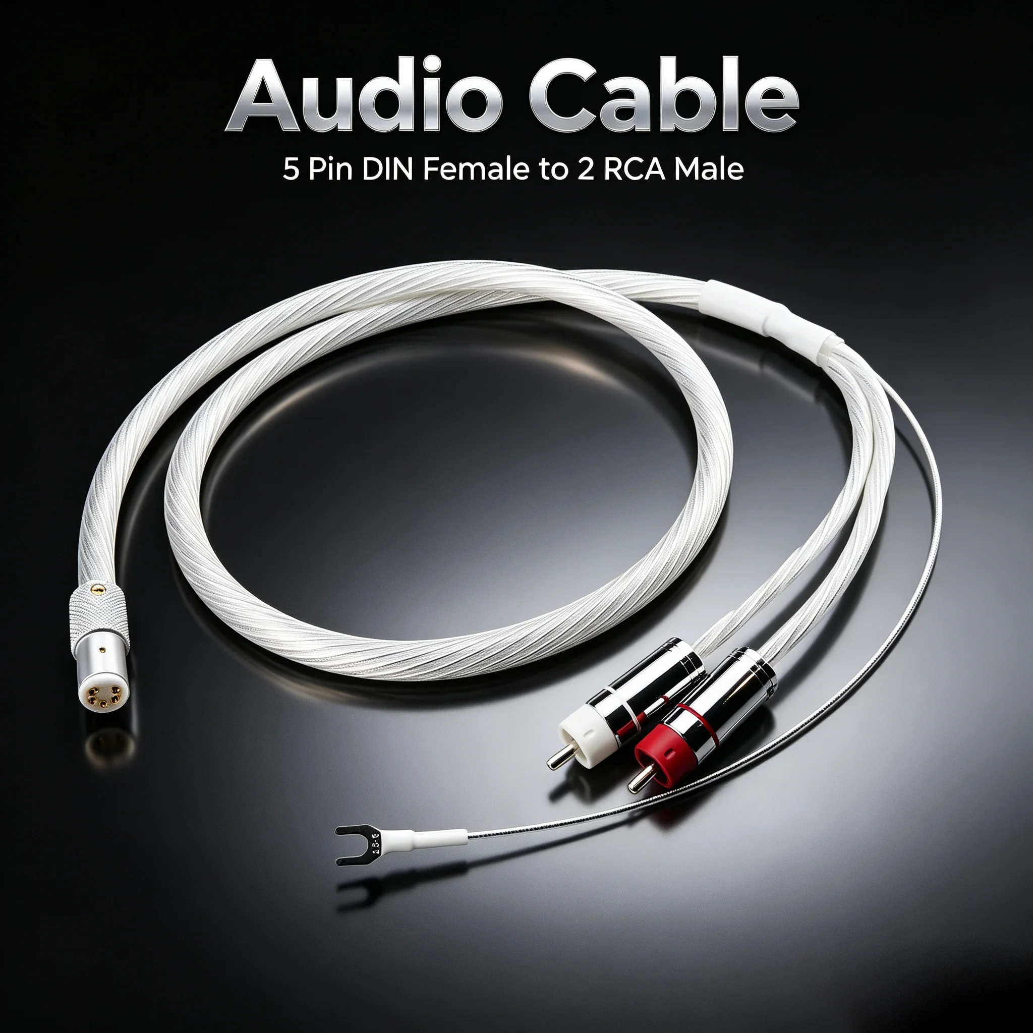 HiFi Phono Tonearm Audio Cable 5 Pin DIN Female to 2 RCA Male with U Spade Ground Wire for Vinyl Record Player