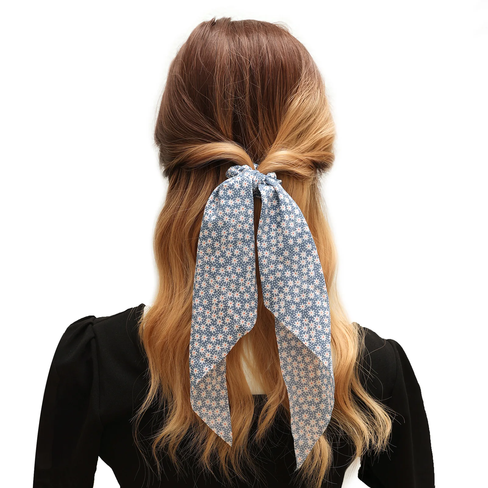 Cute Polka Dot Gingham Blue Print Bowknot Scrunchie Long Ribbon Hair Tie Floral Scarf Hair Band Ponytail Holder Hair Accessories
