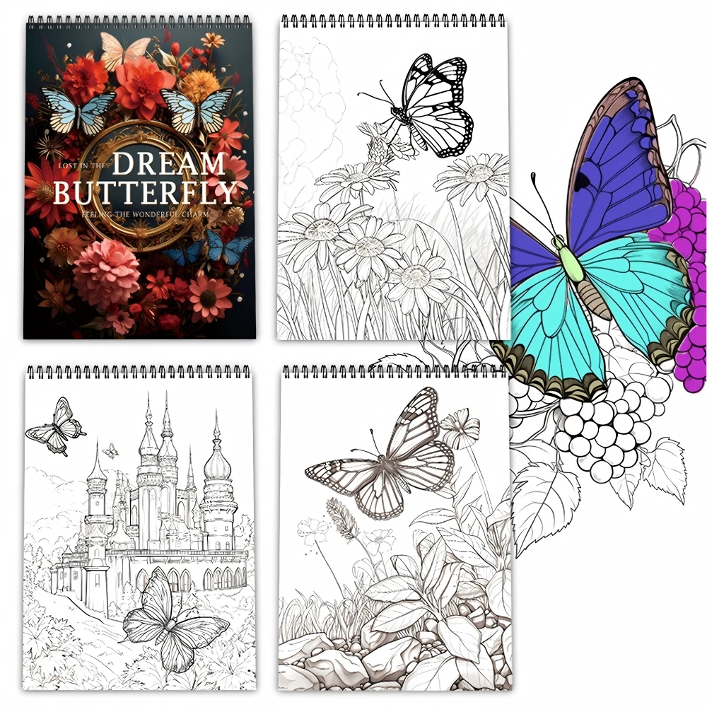 كتاب تلوين فراشات خيالية للكبار، مطبوع على جانب واحد، 24 صفحة، فن يدوي الصنع للكبار لتخفيف القلق والاكتئاب