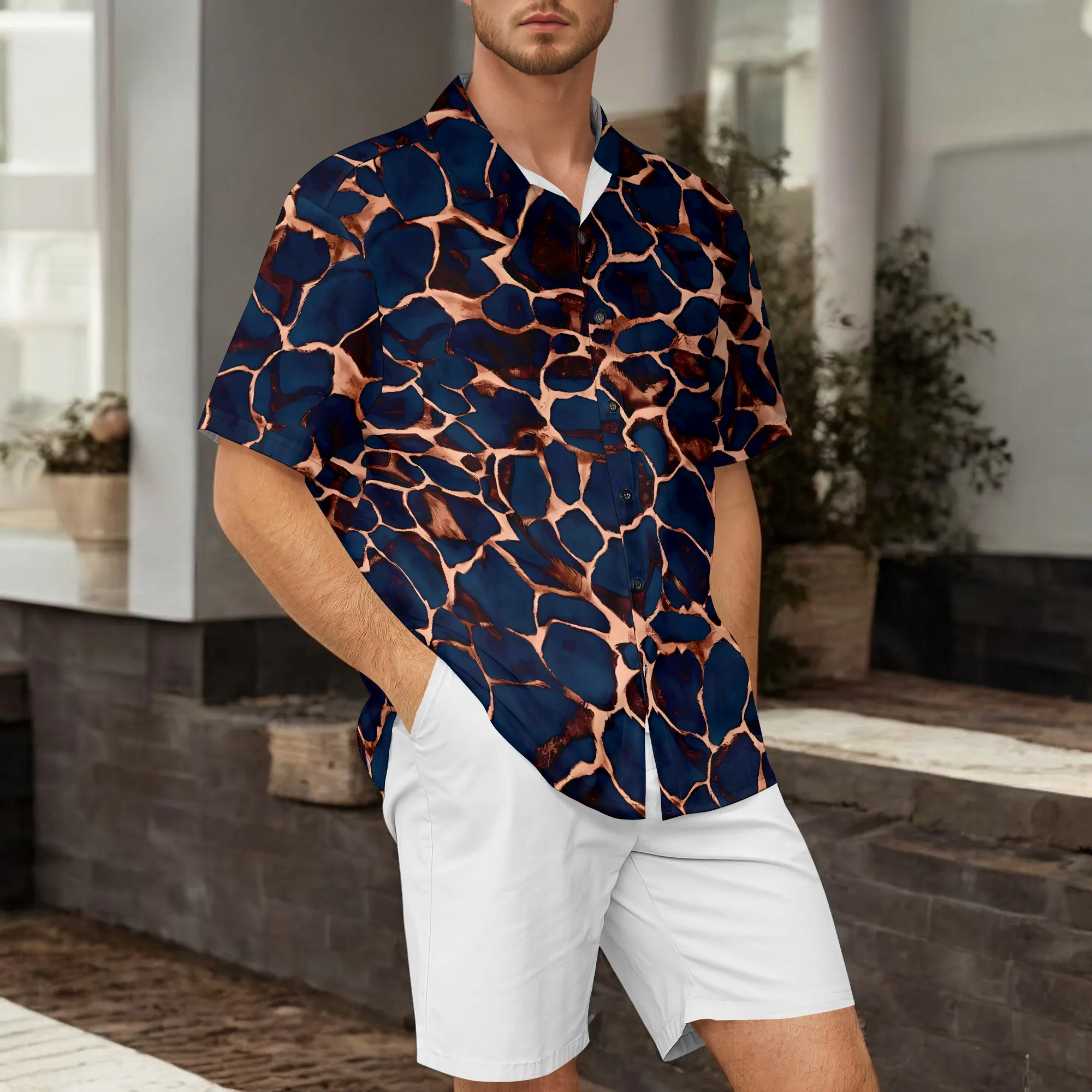 

YEAE Blue Brown Stone Pattern Print Shirt for Men Summer Casual Short Sleeve Top
