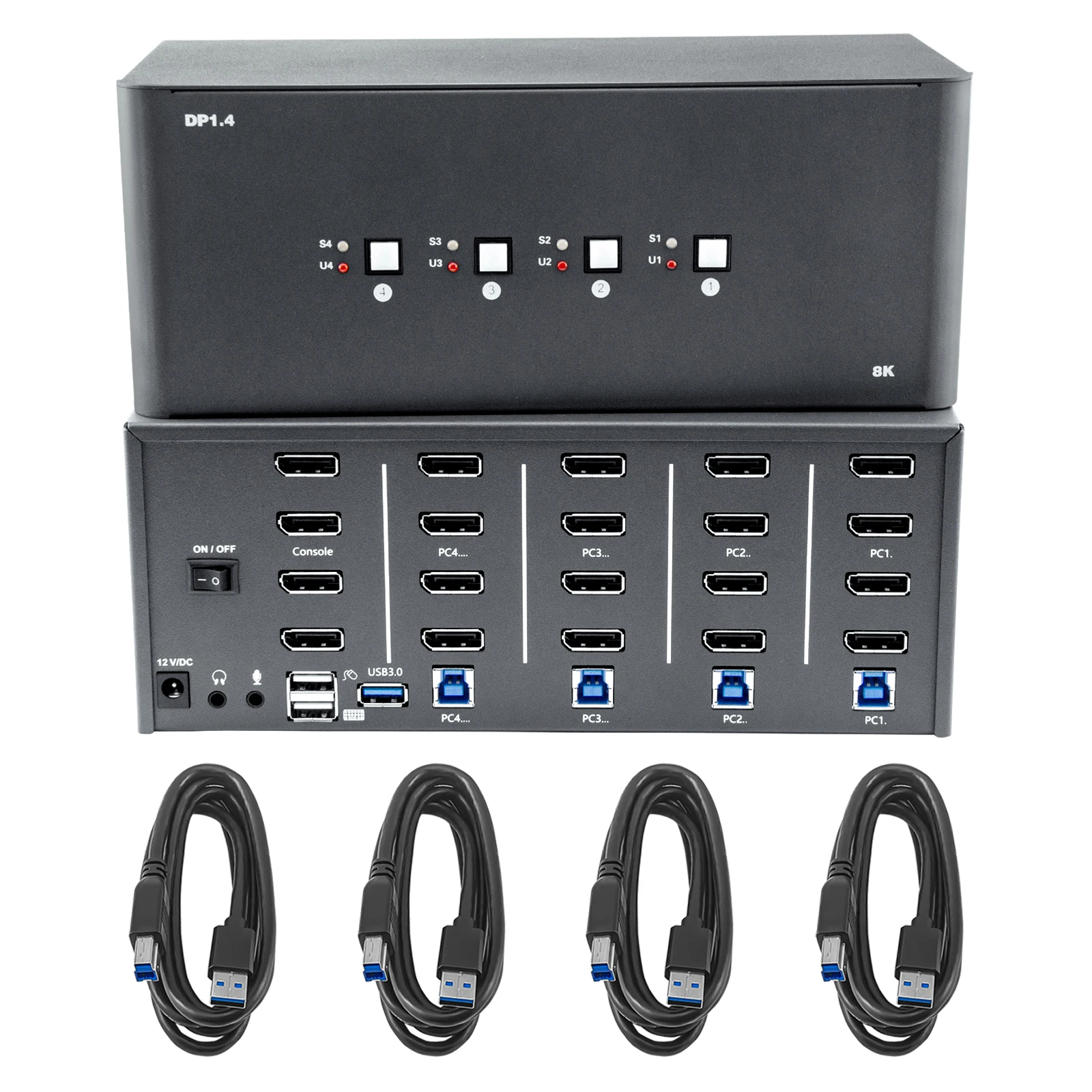 KVM Switch 4 Monitors 4 Computers, 8K DP Switch with USB 3.0 Cable, Share a Set of Keyboard, Mouse,Support Windows/Mac/Linux