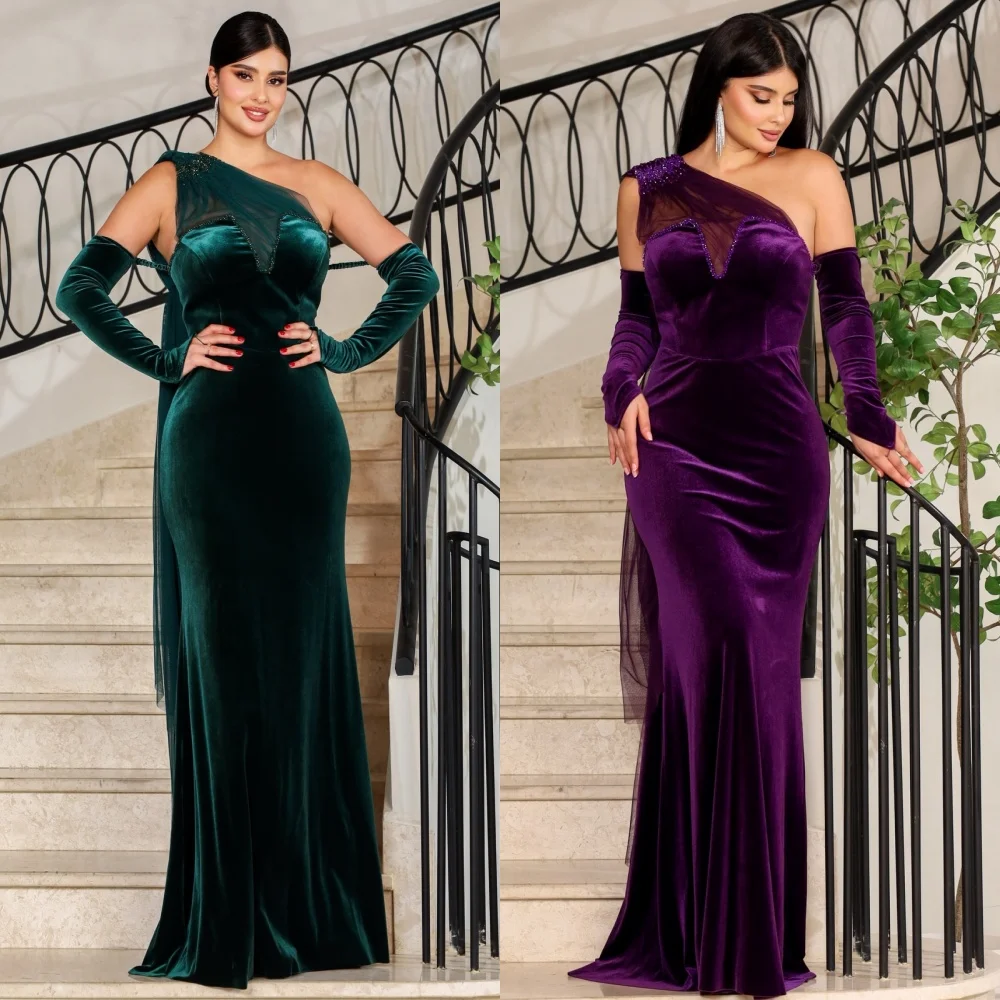 Customized Modern Style Classic Velour Beading Pleat Straight One-shoulder Long Dresses Bespoke Occasion Dresses Sizes Available