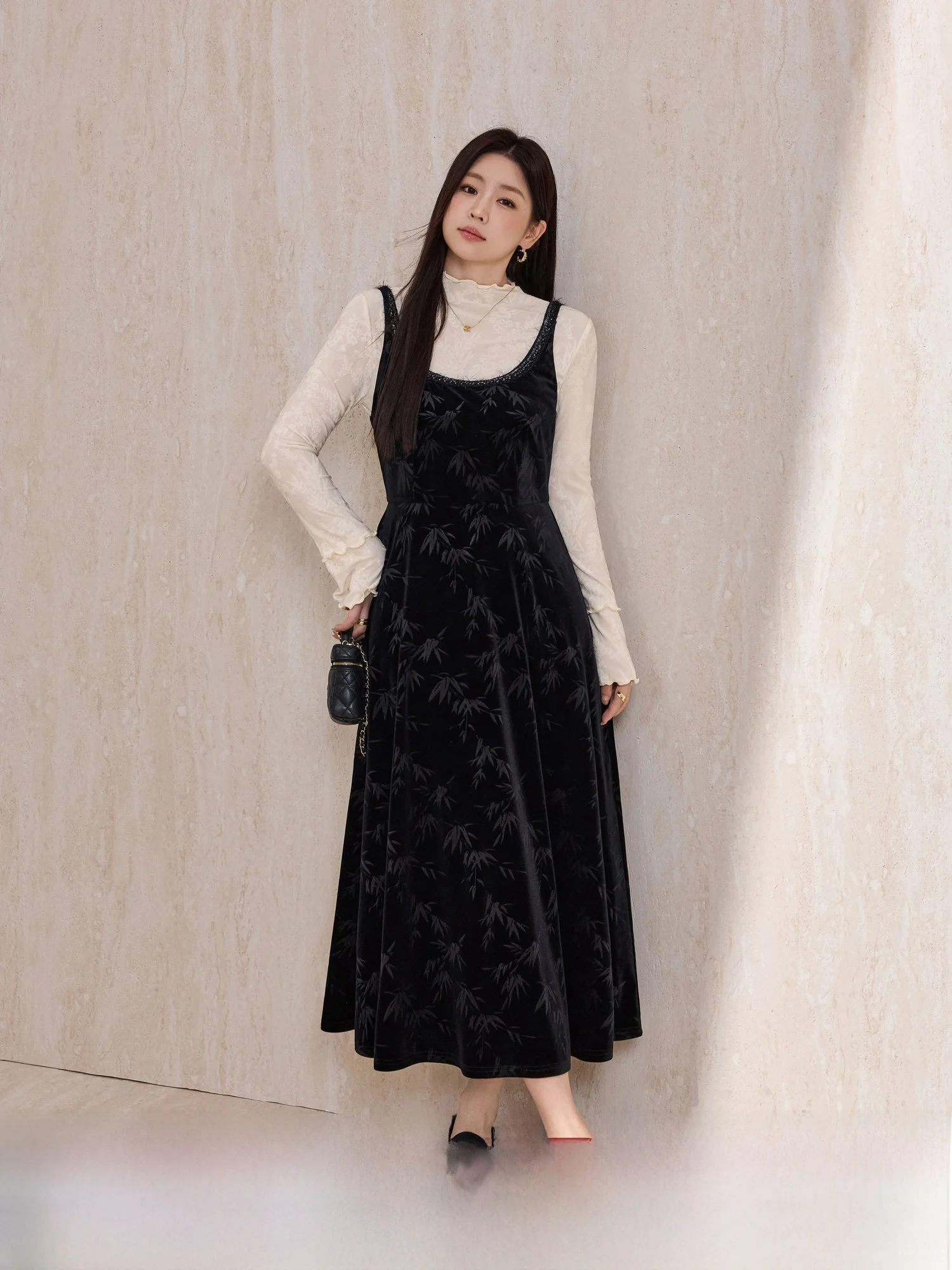 

Женский трикотажный бархатный комплект Blue Language больших размеров с высоким воротником и кисточками, длинная юбка-трапеция Sve для офисной одежды