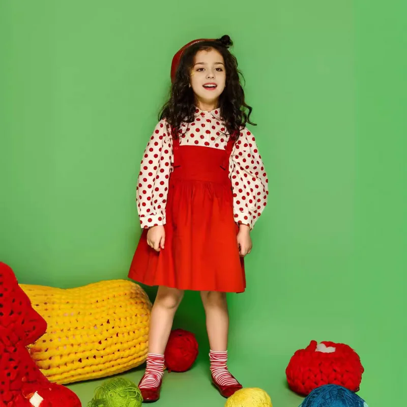 Set Pakaian MDDGirls Kemeja Polkadot Merah dan Rok Suspender Set Dua Potong Kostum Pertunjukan Anak-Anak TK
