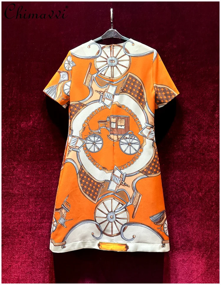 French Stunning Retro Printing Elegant Short-sleeved Loose Waist Dress 2025 New Fashion Round Neck Slim Temperament Short Dress