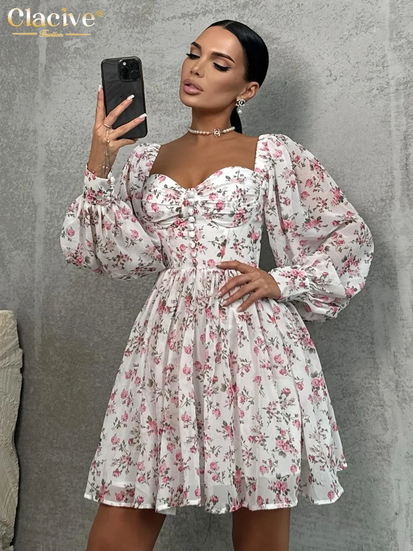 

Clacive Sexy Loose Print Women's Dress 2025 Fashion Square Collar Long Sleeve Mini Dresses Elegant Classic Pleated Female Dress
