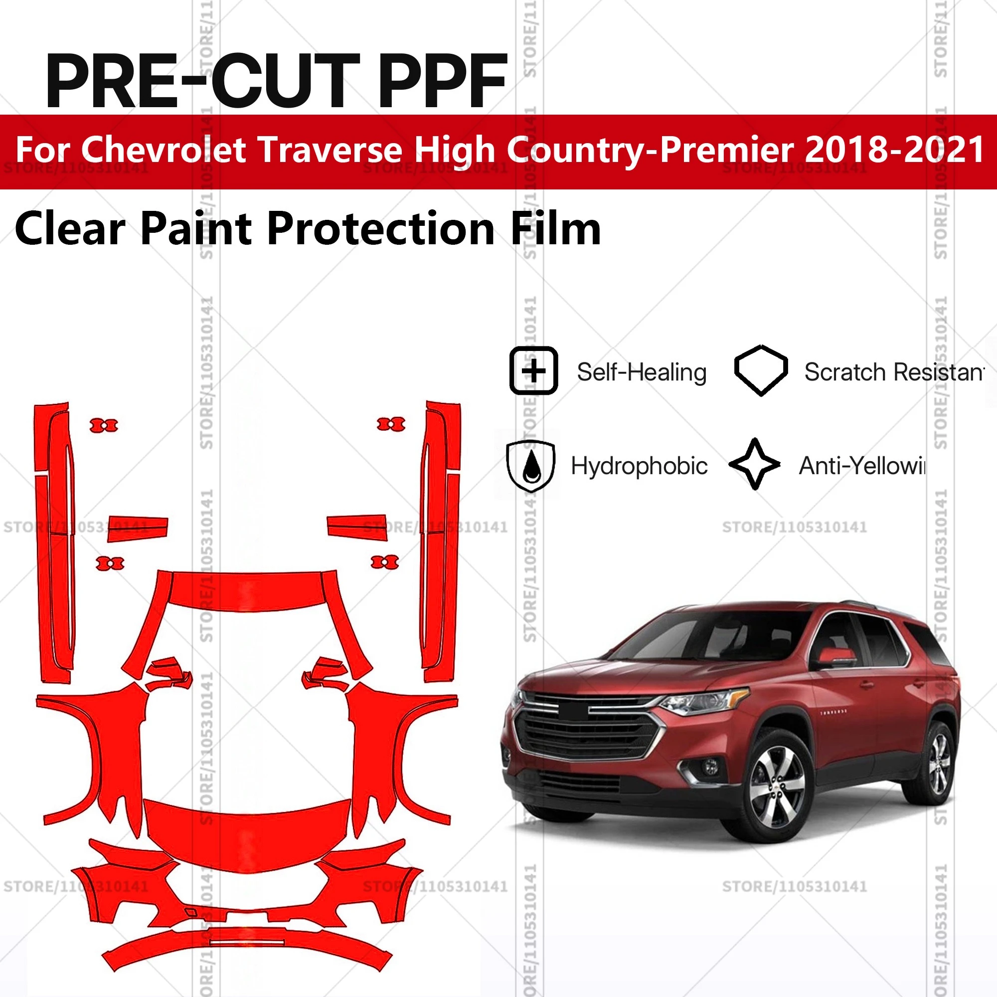 

Для Chevrolet Traverse High Country-Premier 2018-2021: Предварительно вырезанная прозрачная защитная пленка (PPF) для автомобиля