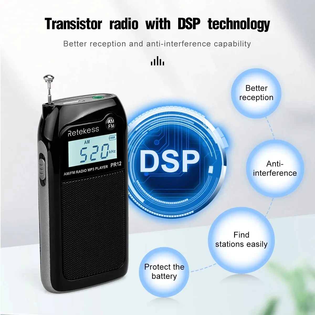 RETEKESS PR12 Radio FM AM Mini Pocket Radio MP3 Portable Receiver Backlit Display Digital Stereo Support TF Card For Elderly