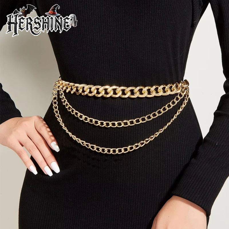 HERSHINE 1-piece Women's Fashionable Gold Multi-Layer Chain Embellished Elastic Belt, Elegant Party Accessory，spring，summer