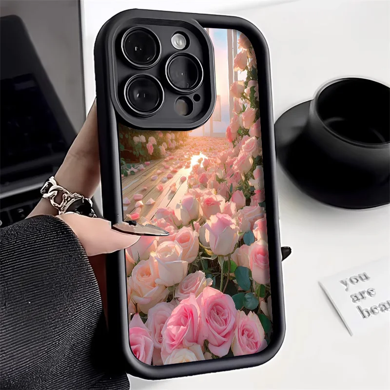 Oil Painting Rose Flower Phone Case For iPhone 11 Case iPhone 14 15 Pro Max 12 13 XR X XS Max 7 8 Plus SE Candy Color Soft Cover