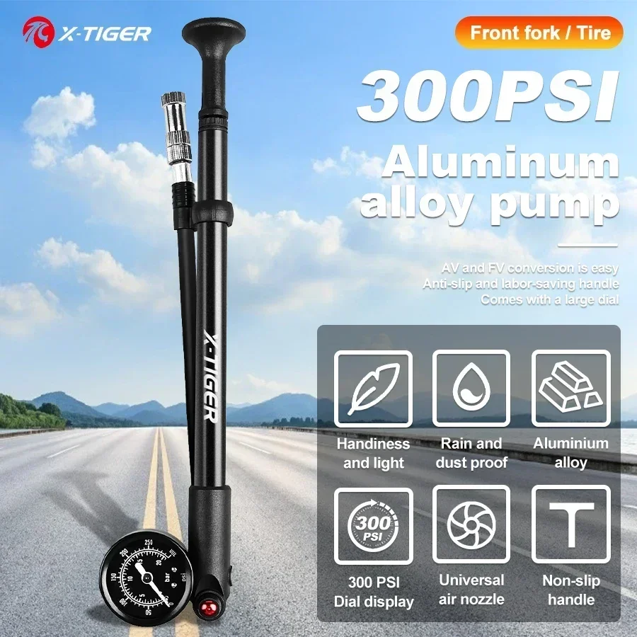 X-TIGER 25cm Bicycle Pump Universal Air Nozzle 300PSI Bike Manual Air Pump with Gauge for Fork & Rear Suspension Shock Absorber