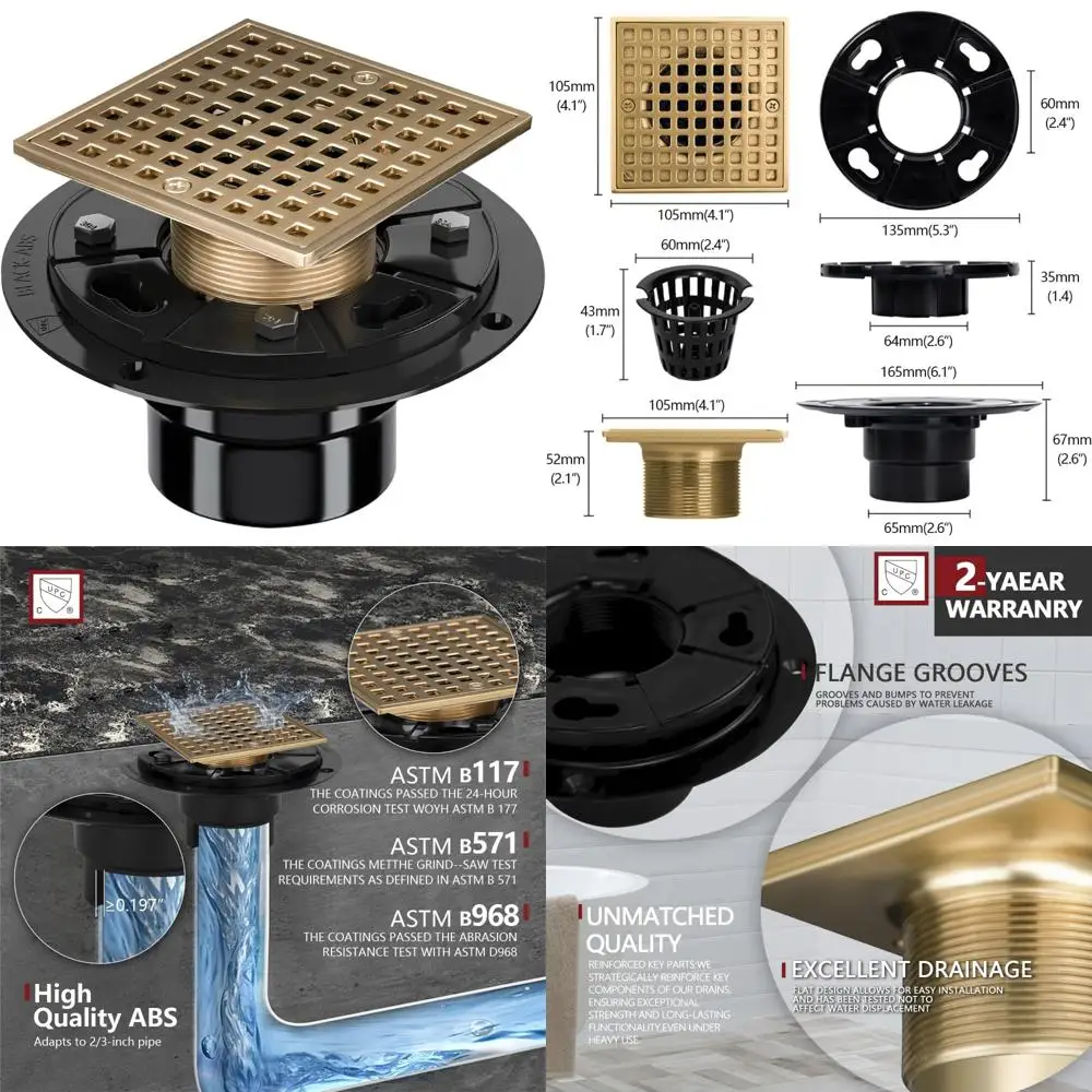 

Champagne Bronze Square Shower Drain Kit 4-1/4 Inch ABS Flange for 2 or 3 Pipes Low Profile Design