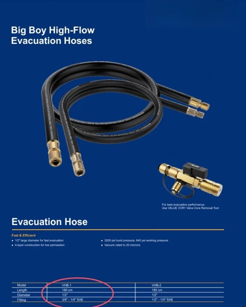 VALUE VHB-1 3/8 Vacuum Hose Refrigeration Evacuation Line AC Service