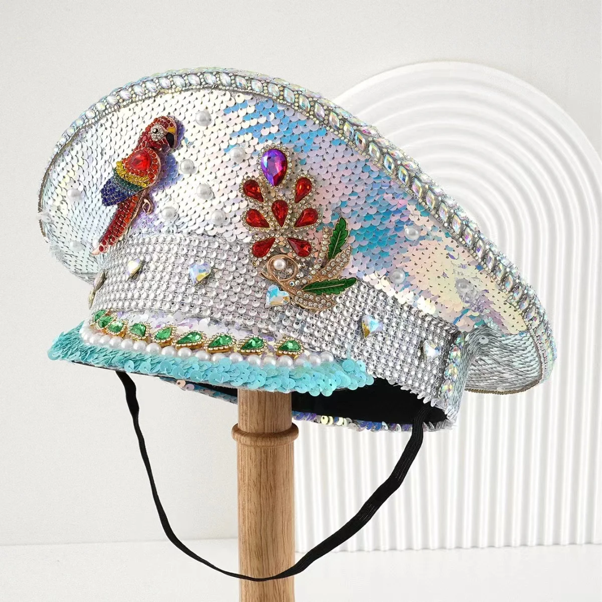 

HongLuan White Steampunk Rhinestone Captain Hat for Adults Burningman Festival Woman, Vintage Military Cap for Man New Designs