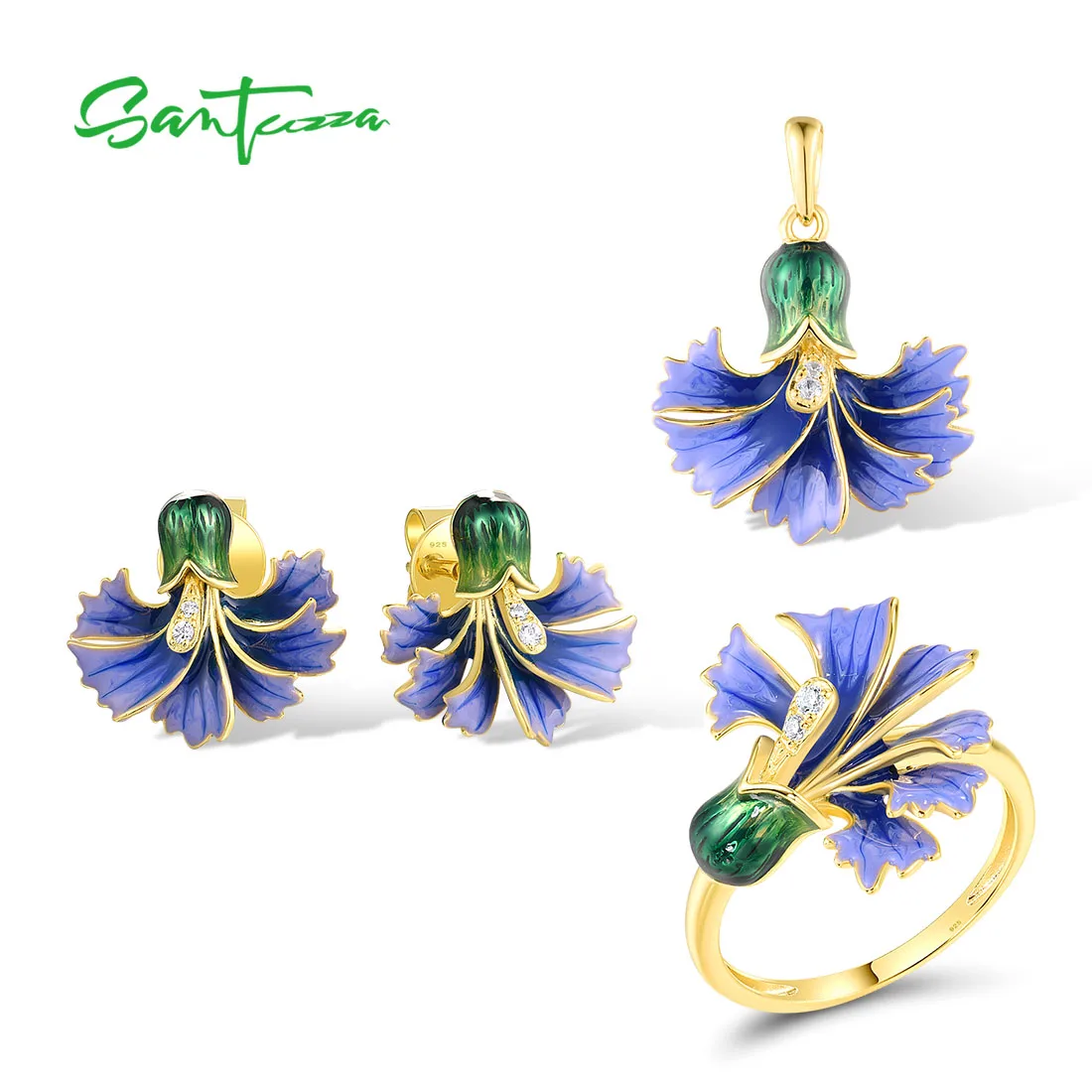 

SANTUZZA 925 Sterling Silver Jewelry Set For Women White CZ Blue Flower Pendant Earring Ring Enamel Trendy Party Fine Jewelry