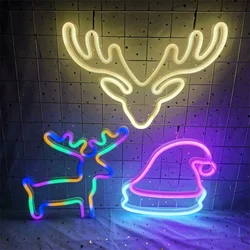 LED Neon Sign Lights Wall Decoration Nightlight Lightning Christmas Tree Santa Claus Elk Bell Modeling Lamp Decor Room Party