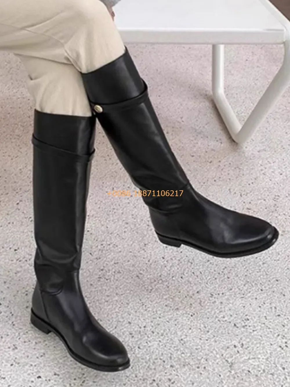 Genuine Leather Knee-High Knight Boots 2024 Autumn Black Fashion Women's Office Casual Boots Round Sexy Thick Heel Leather Boots