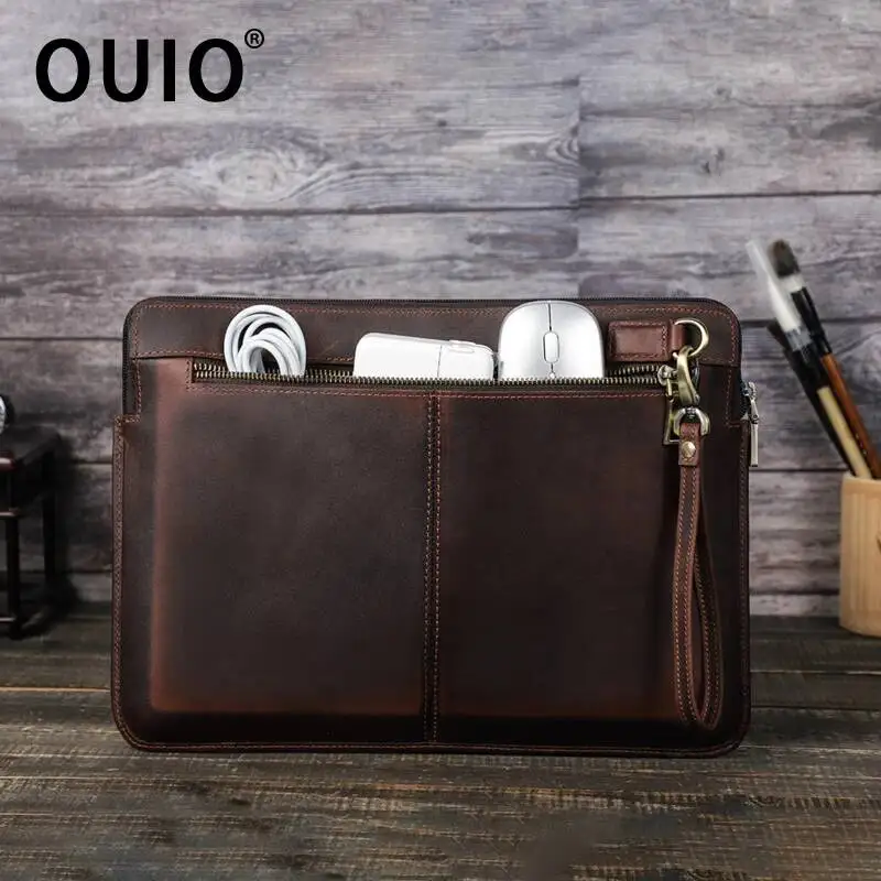 OUIO Vintage Crazy Horse Genuine Leather Laptop Sleeve Bag With Wrist Strap Zipper Pocket For MacBook Air 14.2 Inch