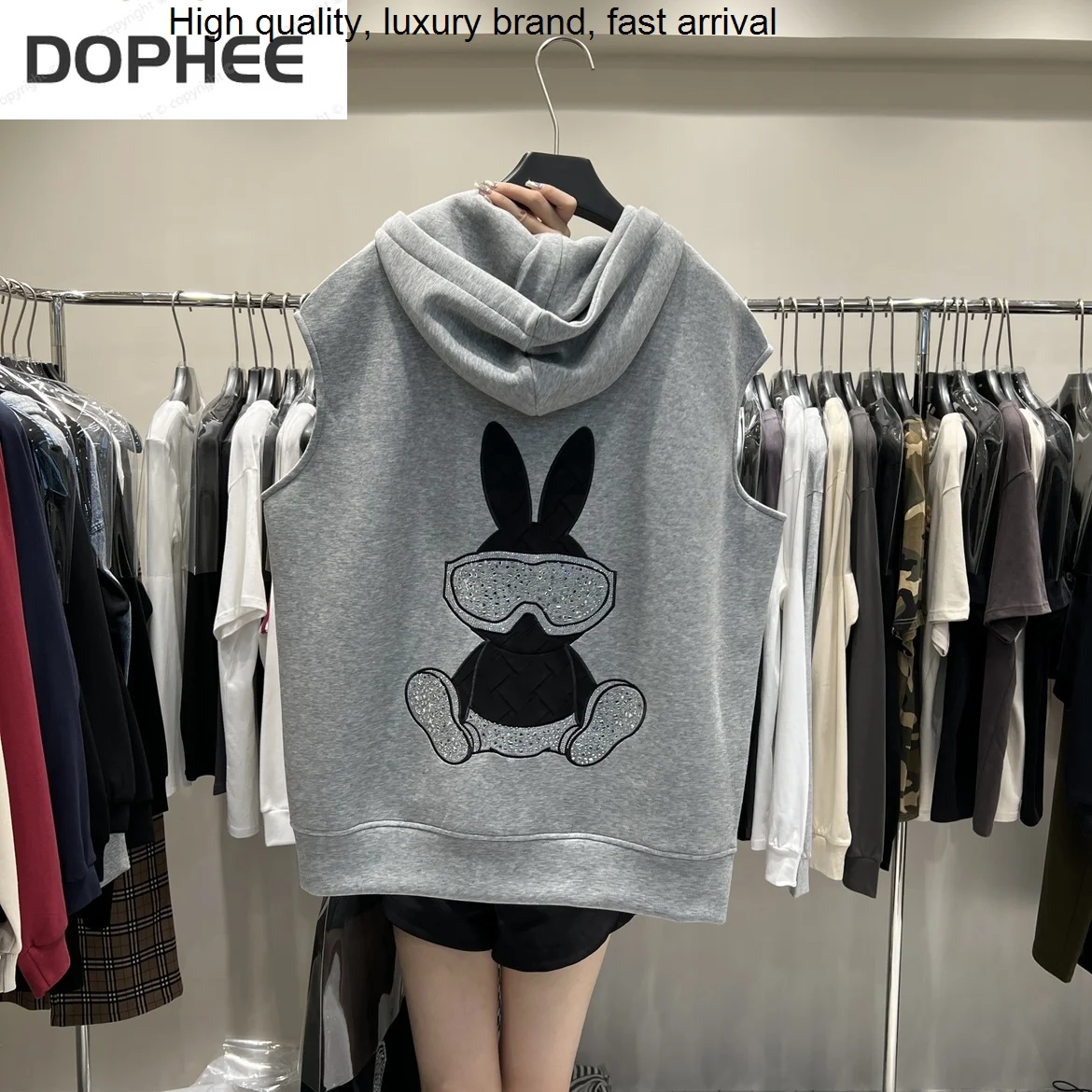 

Sleeveless Mid-long Loose Women Sweatshirt 2023 New Autumn Hot Drilling Bunny Hooded Vest Top Casual Zip Cardigans Coat